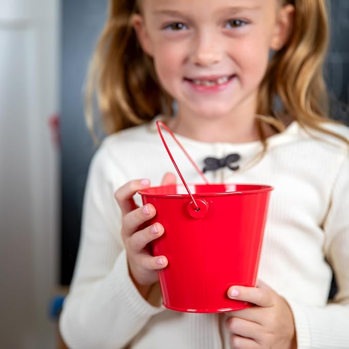 Small Metal Buckets with Handles - Leak-Proof Metal Pail Bucket - Galvanized Bucket with Handle - Multipurpose Tin Bucket for Party Favors, Organization, School, Weddings, Garden - Set of 6, Red