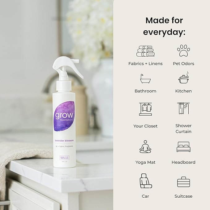 Grow Fragrance Scented Fabric and Room Air Freshener Spray - Certified Non-Toxic, 100% Plant-Based Essential Oils - 5 oz (Lavender Blossom + Black Currant Rose 2-Count)