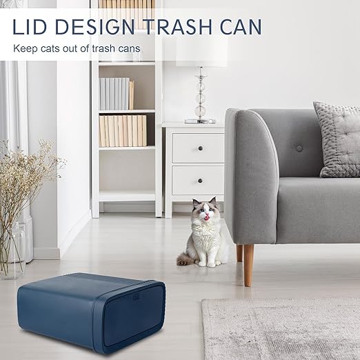 UUJOLY Small Bathroom Trash Can with Lid Slim Wastebasket Garbage Can Plastic Container Basket Trash Bin for Kitchen, Laundry Room, Office, Kids Room, Dorm, Navy Blue, 2.4 Gallon