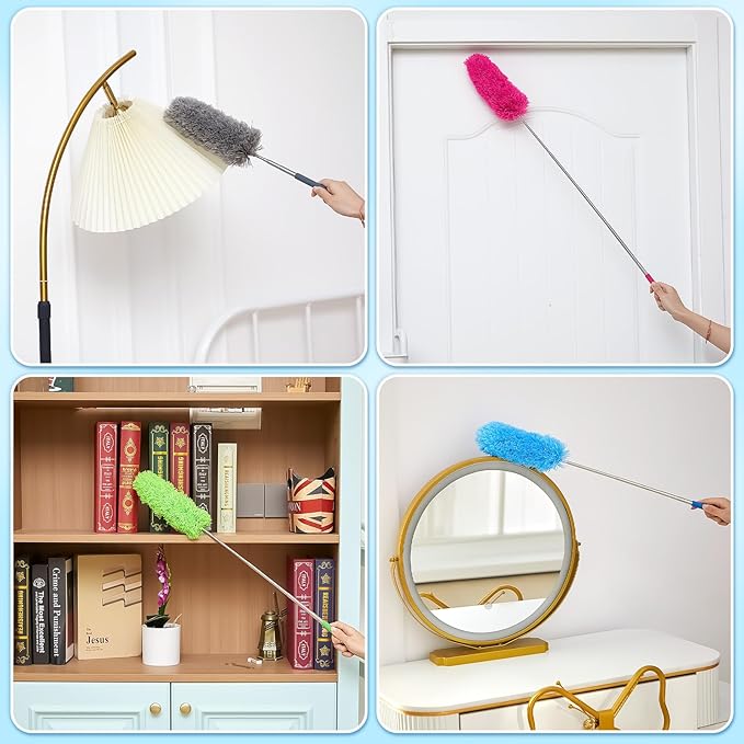 Tanlade 12 Pcs Microfiber Feather Duster for Cleaning 13-31 Inch Extendable Cobweb Dusters Ceiling Fan Duster Washable Bendable Tool for Office Car Window Furniture (Stylish Color)