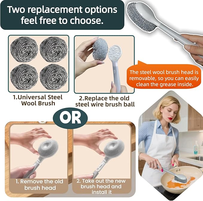 Dish Brush Set of 4 with Holder.Interchangeable Heads Kitchen Scrub Brush,Dishwashing Brush Set with Extended Handle,for Cleaning Pots,Pans,Bottles,Cups,Sinks,scrubbers for Dishes.Green