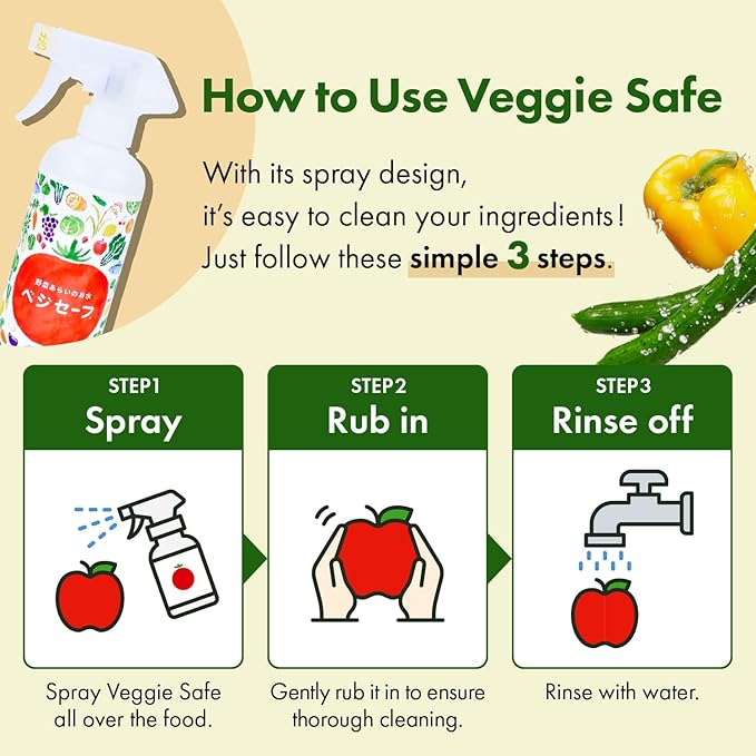 "Veggie Safe" Food Cleaning Solution Spray (400ml / 13.5 fl oz), 1 BottlePerfect for Removing Pesticides from Vegetables, Neutralizing Odors from Seafood, Washing Rice, and Wiping Kitchen Surfaces