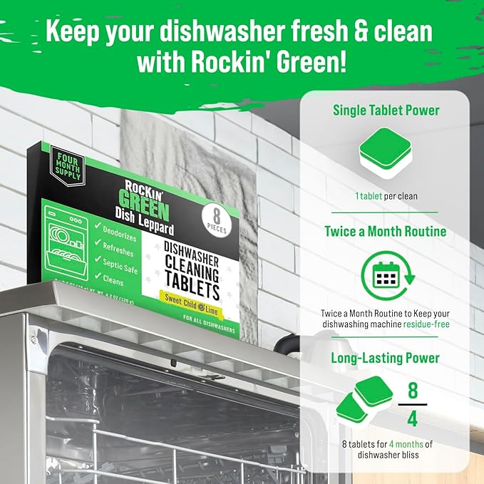 Rockin' Green Deep Cleaning and Deodorizing Tablets for Dishwashers, Washing Machines, and Garbage Disposals, Removes Odor and Residue (Dishwasher Cleaning Tablets, 8 Pack)