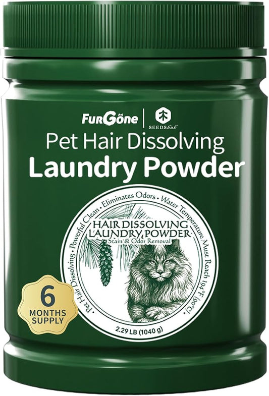 FurGone × Seedshub Pet Hair Odor & Stain Remover for Laundry, 96.7% Hair Dissolution, Based Powder Detergent for Clothes, Bedding, Effective Dog & Cat Hair Remover, 6-Month Supply, Septic Safe