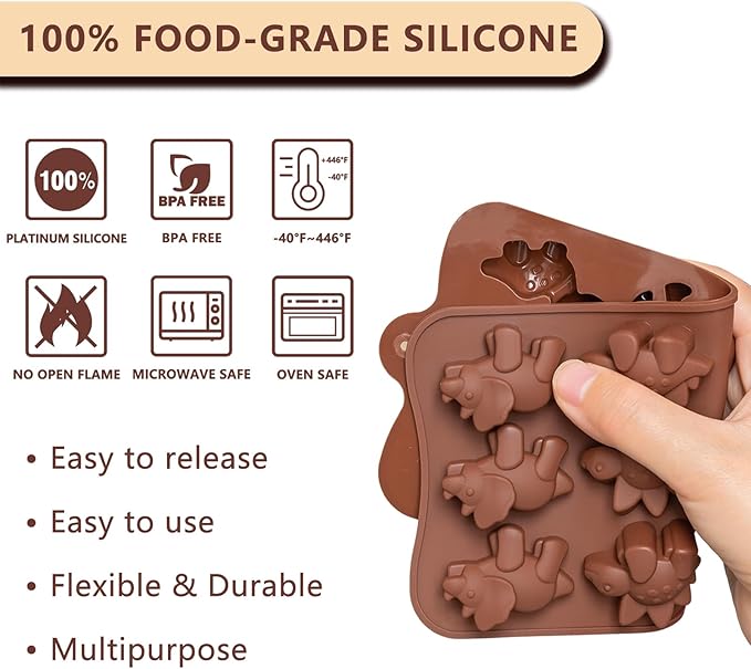 6 Pcs Silicone Chocolate Mold Set - Food-Grade Non-Stick Candy Molds Cookery Moulds for Chocolate, Candy, Jello, Soap & Crayon - Animal Shapes