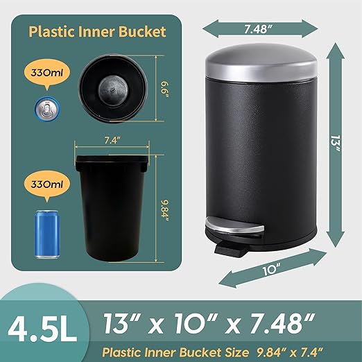SunnyPoint 4.5 Liter(1.2 Gallon) Round Trash Can with Plastic Inner Bucket; Bathroom, Office, Kitchen and Bedroom Step On and Slow Close (BLK+SN)