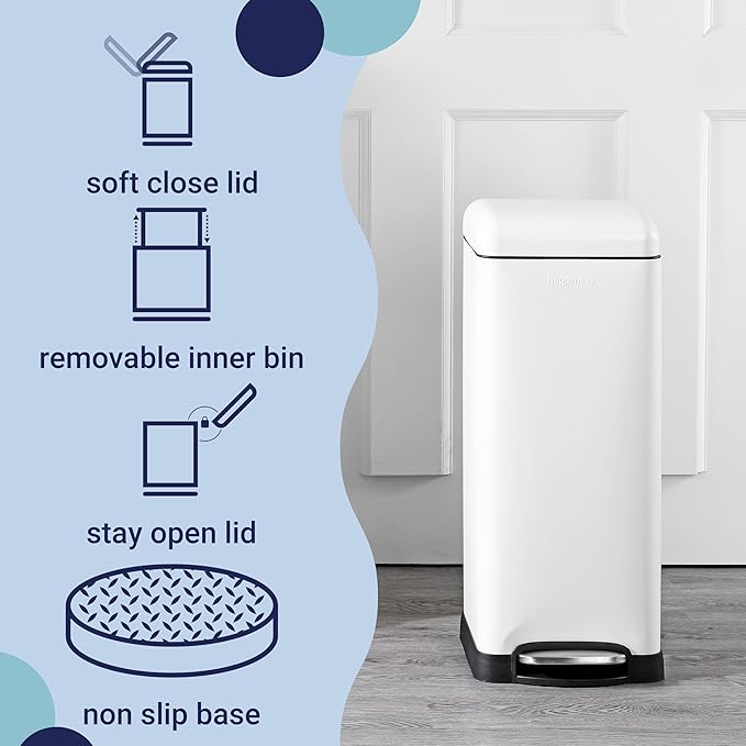 happimess HPM1007A Betty Retro 8-Gallon Step-Open Trash Can with Soft-Close Lid, Fingerprint Resistant, Modern, Minimalistic for Home, Kitchen, Laundry Room, Office, Bedroom, Bathroom, White