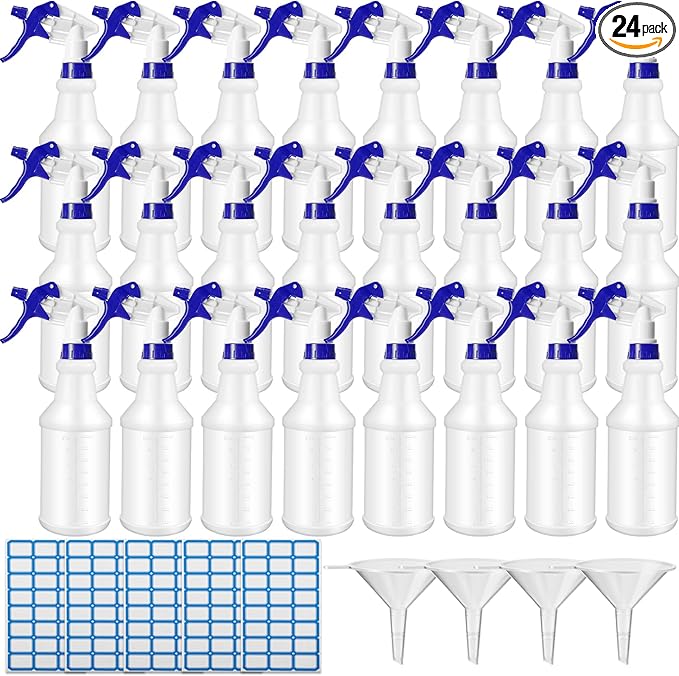 Zubebe 24 Pack 32 oz Plastic Spray Bottle Bulk Empty Leakproof Heavy Duty Spray Bottles for Cleaning Supplies Mist Bottles with Label and Adjustable Nozzle for Plant (Blue,Clear Scale)