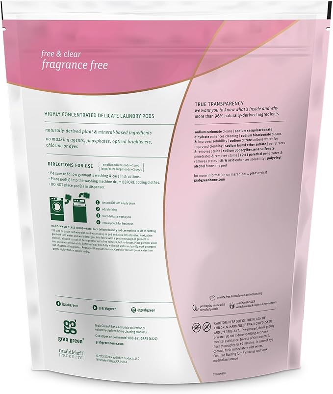 Grab Green Delicate Laundry Detergent Pods, 60 Count, Fragrance Free, Plant and Mineral Based, Superior Cleaning Power, Stain Remover, Brightens Clothes