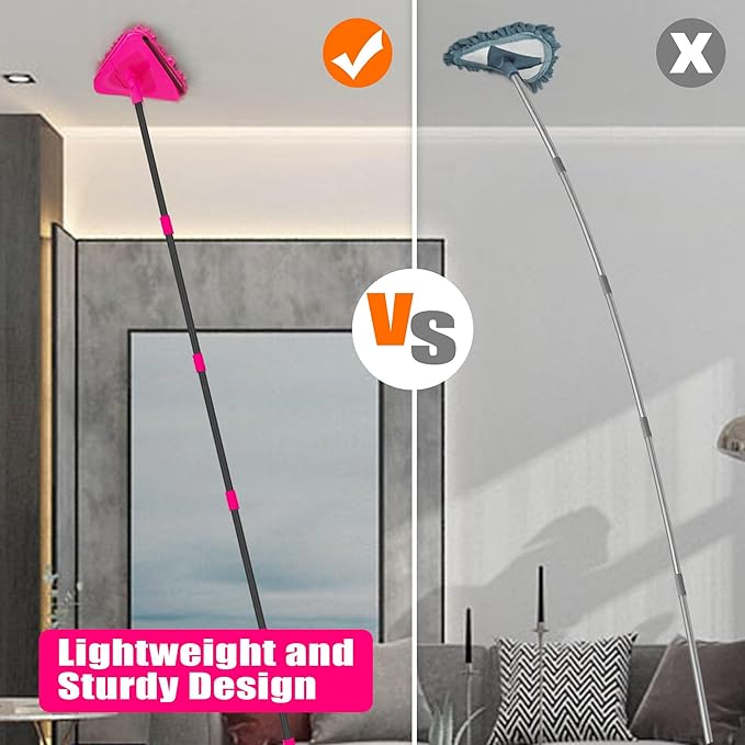 JEHONN Wall Mop with Long Handle 80 inches, Upgraded 180° Collapsible Baseboard Cleaner Tool with Squeegee, Ceiling Duster with 3 Microfiber and 3 Chenille Pads for Cleaning Window, Cabinet (Rose Red)