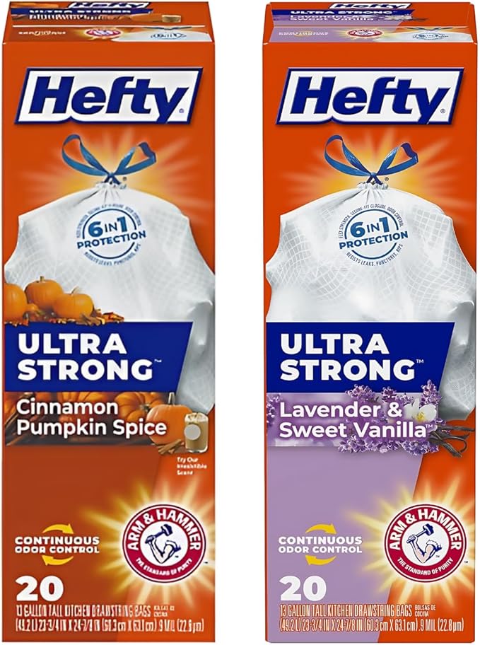 Hefty Ultra Strong Tall Kitchen Trash Bags Variety Pack, Cinnamon Pumpkin Spice & Lavender Sweet Vanilla Scents, 13 Gallon, 20 Count Each, 1 CT