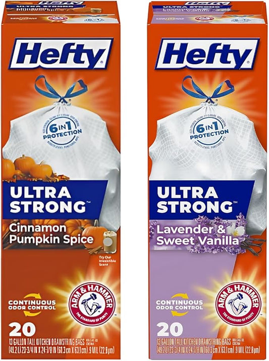 Hefty Ultra Strong Tall Kitchen Trash Bags Variety Pack, Cinnamon Pumpkin Spice & Lavender Sweet Vanilla Scents, 13 Gallon, 20 Count Each, 1 CT