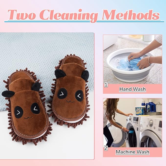 Liitrton 1 Pair Detachable Mop Slippers Shoes Microfiber Chenille Soft Comfortable Dust Dirt Hair Cleaner for Room Bathroom Kitchen Office (Brown Panda)