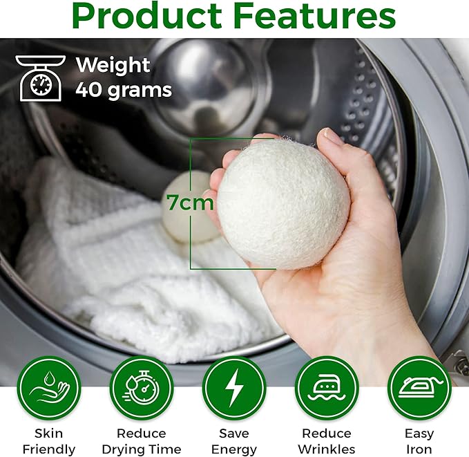Wool Tumble Dryer Balls– Eco-Friendly Organic Fabric Softener, Reduce Wrinkles & Drying Time, Save Energy, Reusable, Handmade, 100% New Zealand Wool, Baby Safe, Unscented, XL Size (Pack of 6)