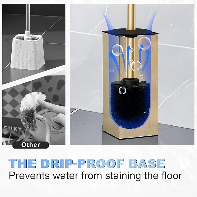 Toilet Brush and Holder Set, NEWRAIN Stainless Steel Toilet Brush with Long Brush Handle, Brushed Gold Toilet Scrubber and Covered Holder, Square Design Sturdy and Space Saving, Covered Brush