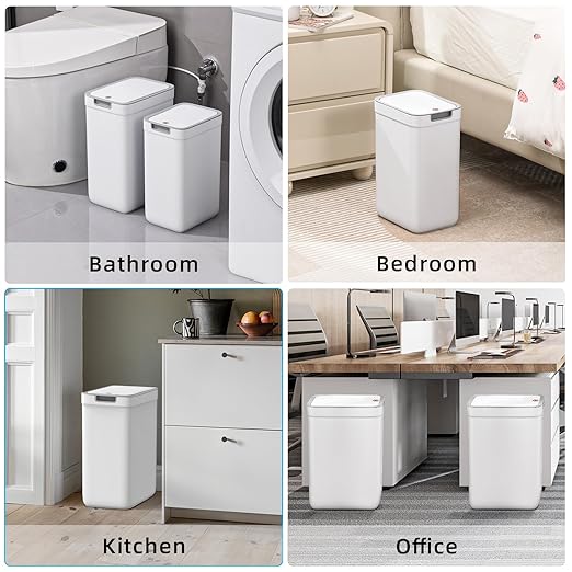 MOPALL 2 Pack Bathroom Trash Can with Lid, 3.6Gal + 2.4Gal Garbage Can with Pop-Up Lid, Small Trash Can Dog Proof, Slim Trash Bin Waste Basket for Toilet, Office, Bedroom, Living Room, Kitchen (White)