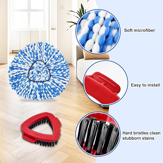 Spin Mop Handle Mop Heads and Base Replacement Sets Compatible with O Cedar EasyWring Rinseclean 2 Tank System, Flexible & Reusable(1 Sets Stainless Steel Handle & 2 Refills & 1 Base & 1 Scrub Brush)