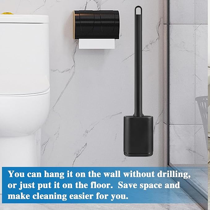 Silicone Toilet Brush and Holder Bendable Efficient Cleaning Wall Mounted Toilet Bowl Brush with Long Handle Brush Head and Silicone Bristles No Rusty Handles Problem (Black)
