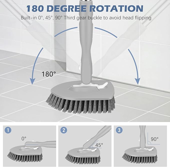 SetSail 4-in-1 Tile Tub Floor Scrubber with 52-inch Long Adjustable Handle Shower Cleaner Brush with V-Shaped Grout Brush and 3 Replacement Brush Heads for Bathroom Kitchen Sink Walls Tub Tile, Grey