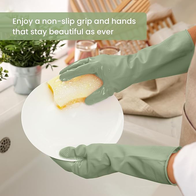 Rubber Cleaning Gloves for Dishwashing, 4 Pairs Reusable Kitchen Gloves for Washing Dishes and Household Cleaning, Green Dish Gloves with Flocked Lining and Non-Slip Grip, Pefect for Woman Men - S