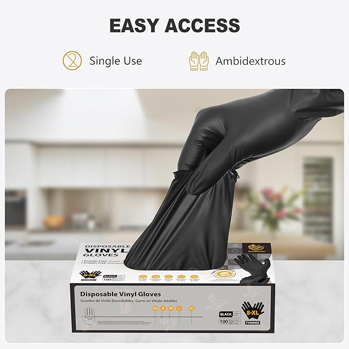 Black Vinyl Gloves, Food Grade Gloves Disposable Latex Free & Powder Free, Guantes for Cleaning Cooking Food Prep