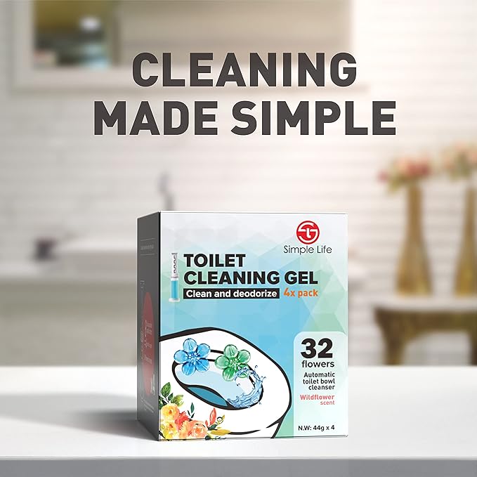Simple Life Toilet Bowl Cleaner Gel | Fresh Flower Toilet Gel Stamp | Stops Limescale and Stains with Air Freshening Scent | Deodorizing Clean | 32 Stamps, Blue & Green