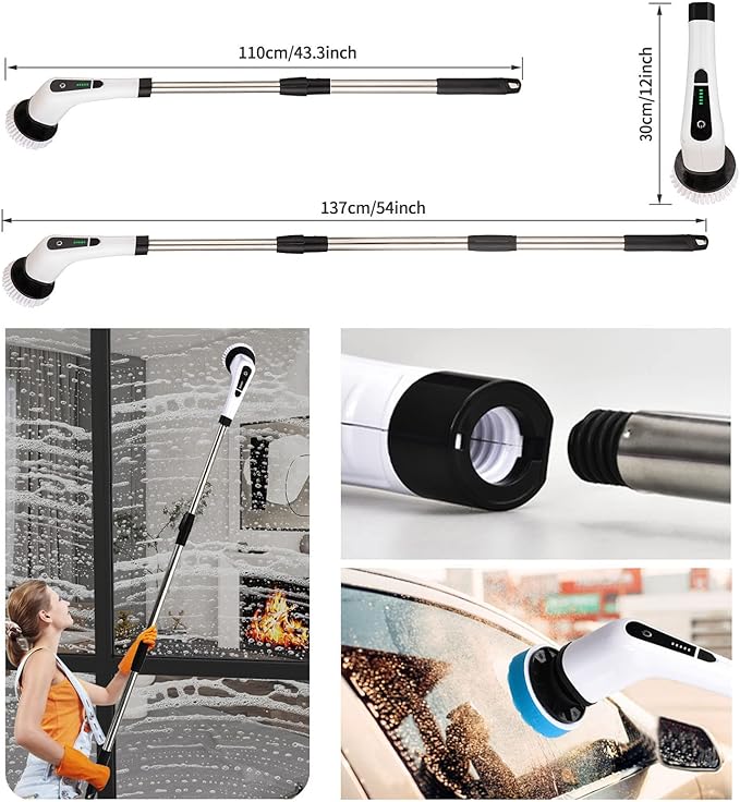 Electric Spin Scrubber, FARI Shower Cleaning Brush with 8 Replaceable Drill Brush Heads, Cordless Power Scrubber with Adjustable Handle Bathroom and Shower Cleaner