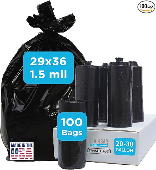 Black Trash Bag, Heavy Duty 20-30 Gallon Bag for Kitchen and Bathroom, Unscented, 1.5 Mil, Commercial Coreless Rolls, Can Liner 29 x 36, Office/Industrial Use, Easy-to-Use, 100 Ct