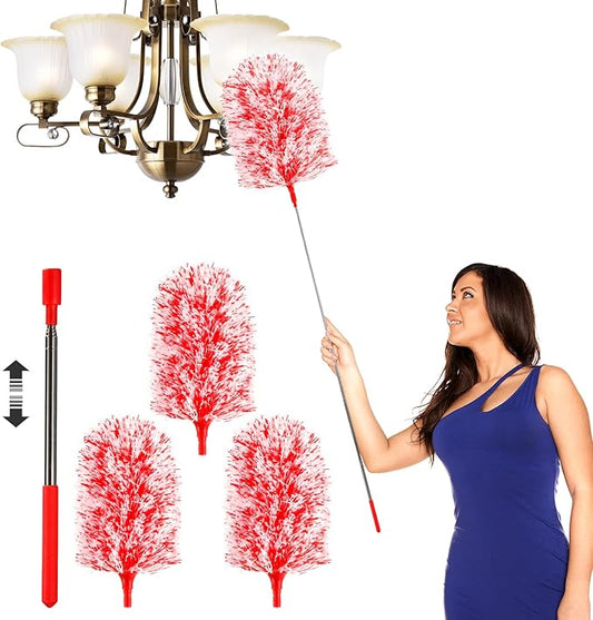 Extendable 20-49inches Microfiber Feather Duster with 3pcs Replaceable Bendable Heads, Extra Long Duster for Cleaning, Electrostatic Dust Remove for Ceiling, Fan, Window, Bookshelves (Red)