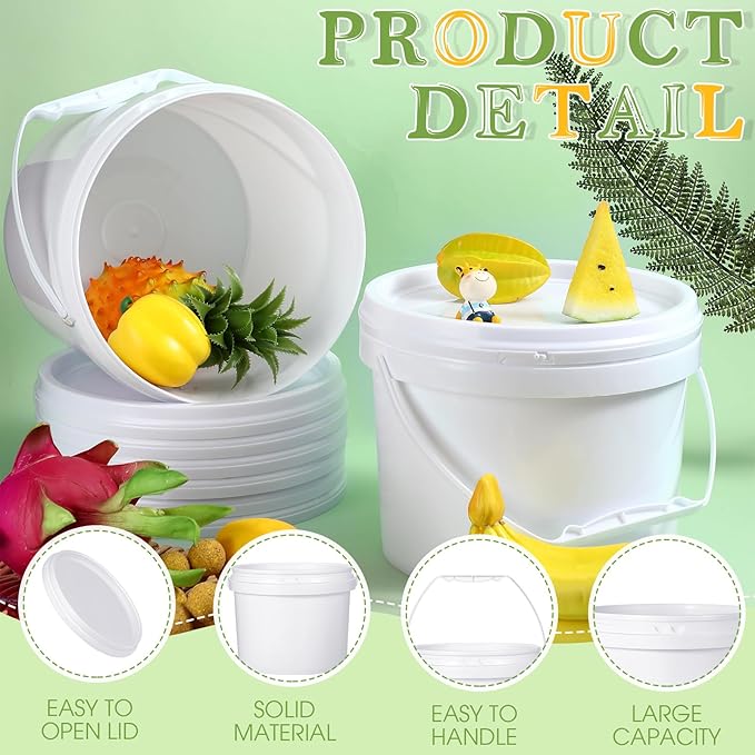 Leinuosen 8 Pcs Plastic Bucket with Handle and Lid Durable Heavy Duty Food Safe Bucket Pail Container for Multipurpose Storage Paint Art Crafts Projects, BPA Free(3 Gallon,White)