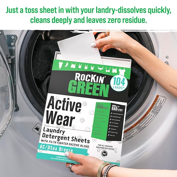 Rockin' Green Active Wear Travel Laundry Detergent Sheets - Mess-Free Laundry Sheet Detergent with Sodium Bicarbonate - Easily Dissolvable Laundry Soap Sheets (104 Loads, AC/DSea Breeze)