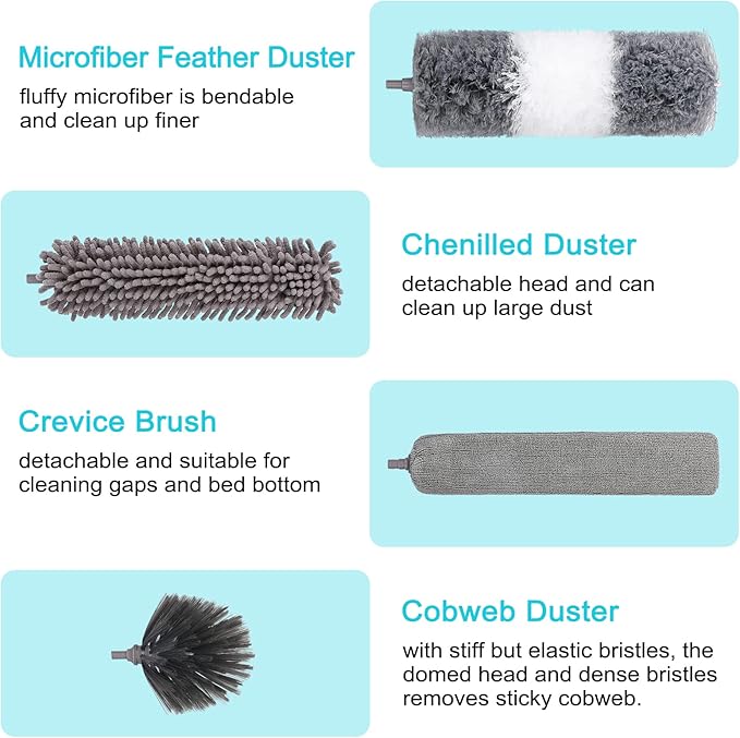 12pcs Microfiber Dusters, Duster with Extension Pole(Stainless Steel) 30 to 100'', Washable Dusters, Bendable Extendable Long Feather Duster for Cleaning Fan, High Ceiling, Blinds, Furniture, Cars