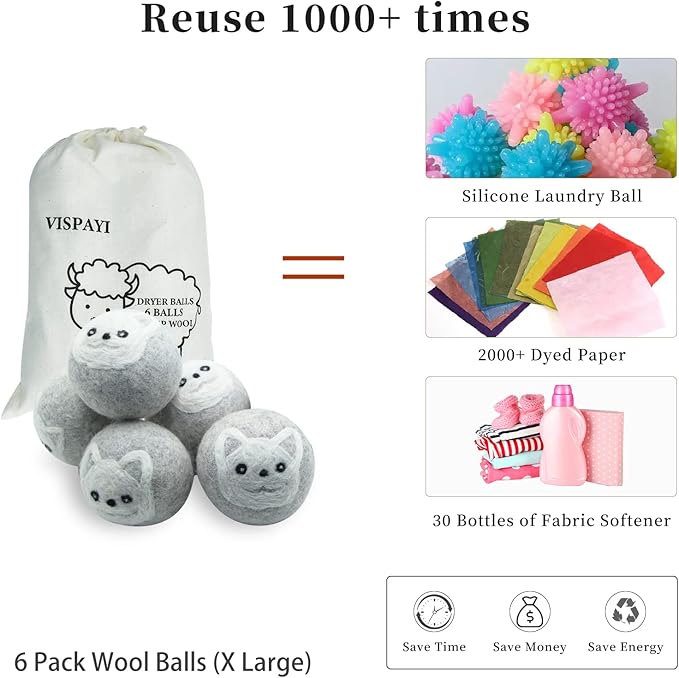 Dryer Balls Laundry Reusable, XL Wool Dryer Balls Cute, Fabric Softener Ball, Extra Large Dryer Balls with Animal Pattern, Shorten Drying Time, Organic Wool - Dry 1000+ Loads (Gray 6 Pack Dog Shapes)