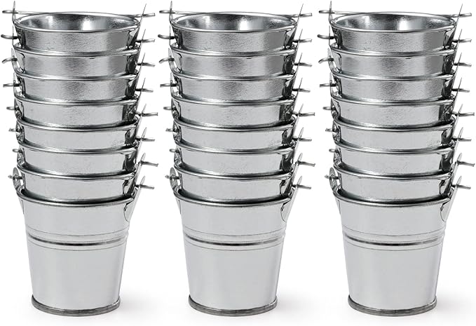 2.1" Galvanized Mini Tin Buckets – 24Pcs Silver Metal Buckets with Handle Best for Party Favors, Bridal Shower and Craft Projects (Silver, 2.1")