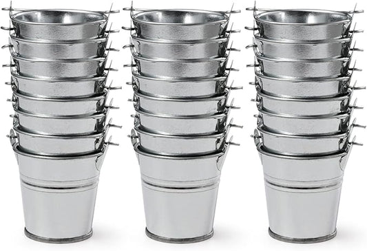 2.1" Galvanized Mini Tin Buckets – 24Pcs Silver Metal Buckets with Handle Best for Party Favors, Bridal Shower and Craft Projects (Silver, 2.1")