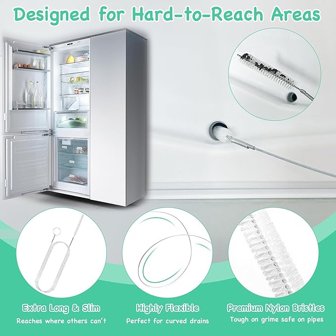 20PCS Drain Clog Remover Tool Set – 59” Drain Snake (2), 37” Snake Drain Hair Removal Tool (2), 25” Plumbing Snake (4), 24” Sink Snake (1), 18” Sink Drain Cleaner Tool (1), Straw Cleaning Brushes (10)