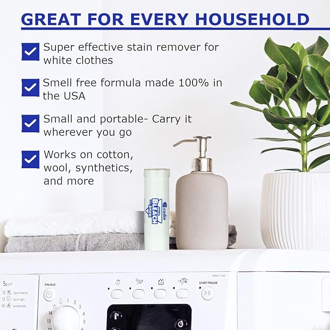 Solid Bleach in a Stick - Concentrated and Natural Stain Remover Solution for White Clothing - Pocket Bleaching Tube for Dirty Spots | Household and Travel Cleaner Essentials | By Cadie 1 Pack