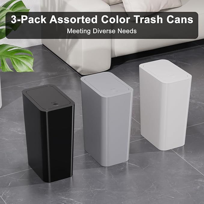 N. NETDOT 3 Pack 10L/2.6 Gal Bathroom Trash Can with Lid, Trash Bin with Press Lid, Small Trash Can/Slim Garbage Cans/Waste Basket for Bathroom,Kitchen,Office,Bedroom - Black,Gray,Off White