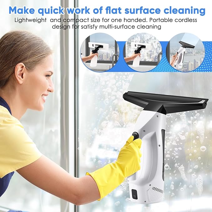 Window Vacuum Squeegee Cordless, Handheld Window Vac with Multi-Purpose Spray Bottle & Microfiber Cloth, Electric Cleaning Tool for Windows, Tiles, Mirror, Countertop, Car Windshield (White-Black)
