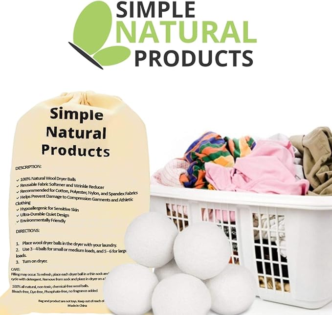 Simple Natural Products Wool Dryer Balls - Fabric Softener and Dryer Sheets for Laundry Supplies – Reusable Wrinkle and Static Guard Wool Balls – Unscented for Sensitive Skin (6 XL Pack)