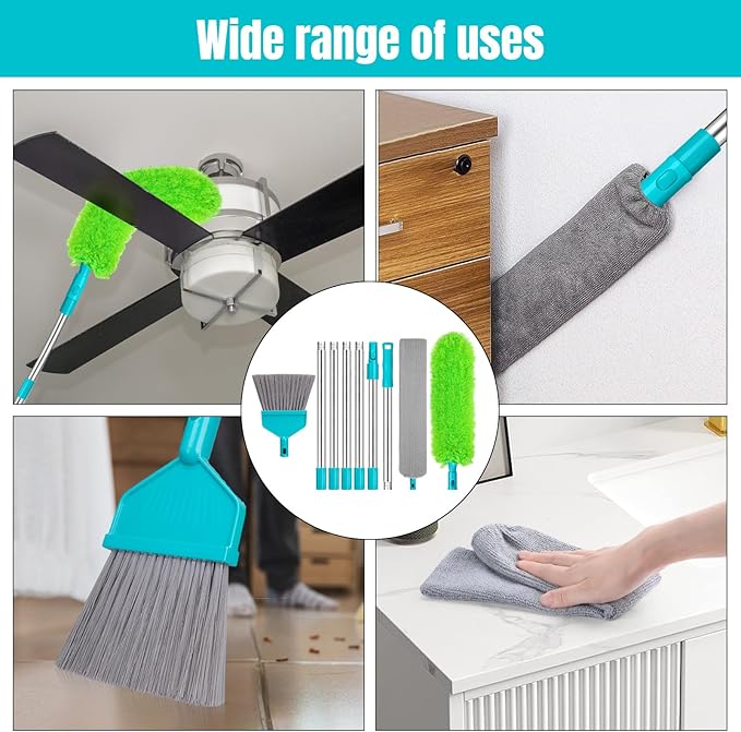 Microfiber Feather Duster 5-in-1 Kit, Dusters for Cleaning, Duster with Extension Pole 100 Inches, Cobweb Duster, Microfiber Dusters for Fans, High Ceilings, Blinds, Cars and Furniture