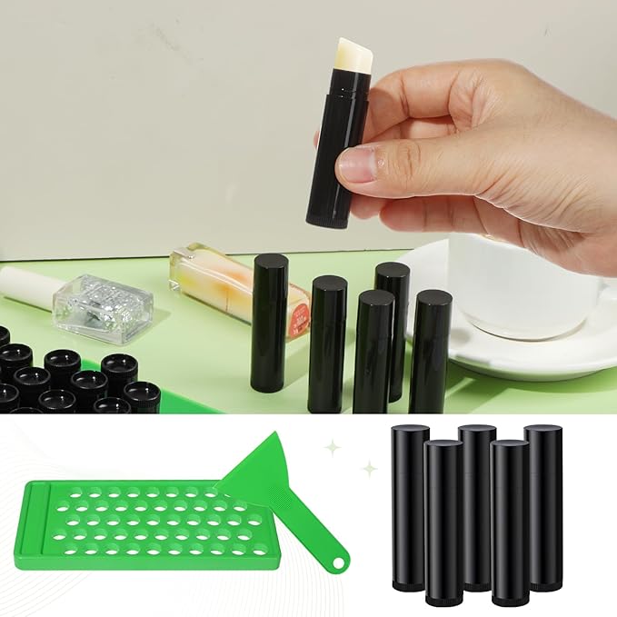 Lip Balm Crafting Kit, 50 Pieces Empty Lipsticks Filling Tubes Mold Handmade Set Pallet with Scraper, Lip Balm Tubes with Filling Tray and Spatula for Women Girl Cosmetics Makeup, Black