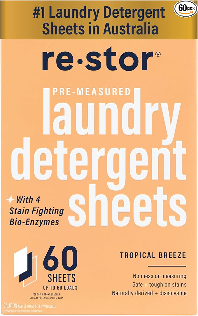 restor Laundry Detergent Sheets Tropical Breeze 60 Loads | Eco Friendly Plastic Free Travel Laundry Washer Sheets | Superior Stain Fighting Washing Detergent sheets Number One in Australia