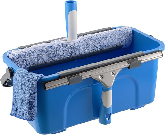 Professional Window Cleaning Kit, Include Compact Cleaning Bucket 3 Gallon, Silicone Squeegee, Microfiber Scrubber, Cloth, All-in-one Window Cleaning Supplies, Commercial & Household Use