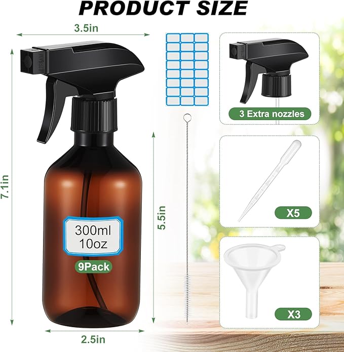 9 Pack 10oz/300ml Plastic Spray Bottle Bulk for Plant Small Spray Bottle Fine Mist Water Sprayer Upgraded Adjustable Nozzle Refillable Empty Containers for Cleaning, Hair, Cooking(Amber)