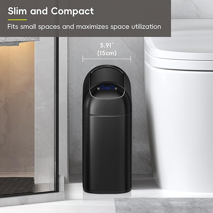 EKO Astro Slim Sensor Trash Can, 10L / 2.6 Gallon Touchless Garbage Bin with Soft-Close Butterfly Lid, Motion Sensor Stainless Steel Trash Can for Bathroom, Kitchen and Office, Matte Black, Waterproof