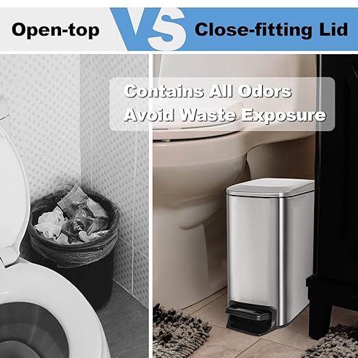 TrashAid Small Bathroom Trash Can with Lid Soft Close, 6 Liter / 1.6 Gallon Stainless Steel Garbage Can Narrow with Removable Inner Bucket, Step Pedal (Silver)