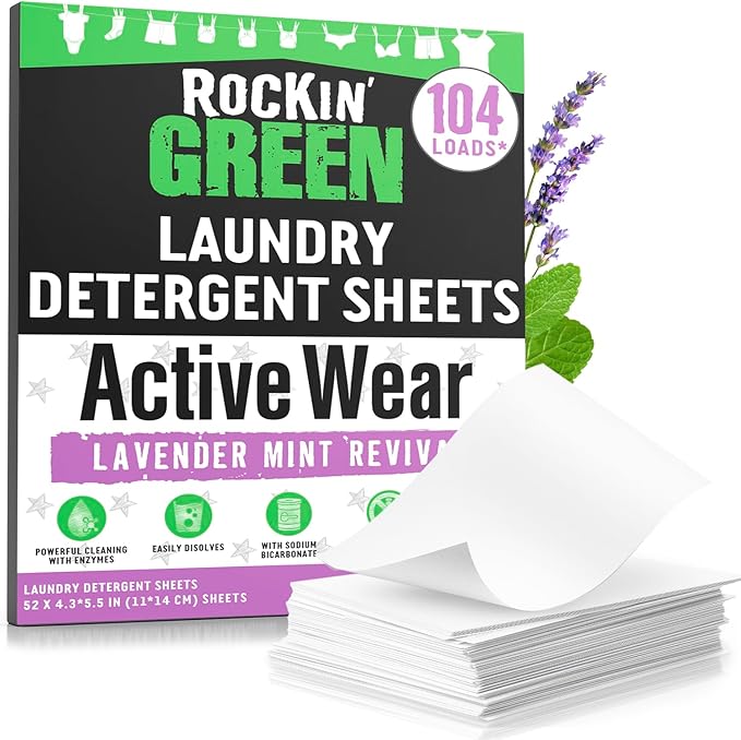 Rockin' Green Active Wear Travel Laundry Detergent Sheets - Mess-Free Laundry Sheet Detergent with Sodium Bicarbonate - Easily Dissolvable Laundry Soap Sheets (104 Loads, Lavender Mint Revival)