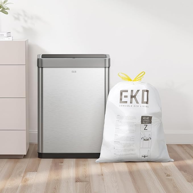 EKO 12.5 Gallon / 40-60 Liter, 110 Count Drawstring Trash Bags, Extra-Strong Garbage Bags, Unscented, Leak-Resistant, Easy-Dispense Roll for Kitchen & Household Use, Code Z, White