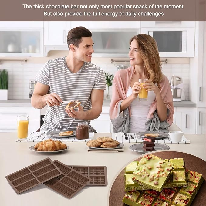 3Pcs Chocolate Bar Molds Deep, Dubai Chocoate Molds Silicone for Stuffed Bar, Rectangle Knafeh Pistachio Thick Chocolate Bar Break Apart Candy Bar Mold